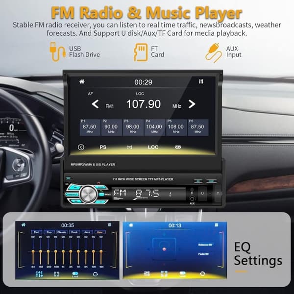 podofo 1din bilradio android carplay multimedia videospiller 7" uttrekkbar skjerm universell gps-navigasjon automatisk lyd stereo