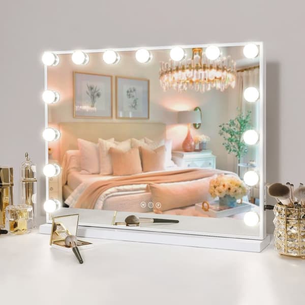 FENCHILIIN hollywood spejl makeup spejl med lys dæmpbar med tre lystilstande bordplade vægbeslag make up spejl med belysning hvid 58 x 46cm FENCHILIIN hollywood spejl makeup spejl med lys dæmpbar med tre lystilstande bordplade vægbeslag make up spejl med belysning hvid 58 x 46cm